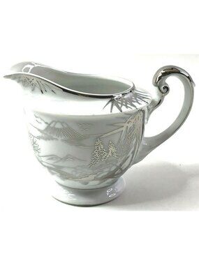 Kutani China Hand-Painted Porcelain Creamer With Silver Rim & Bamboo Mt Fuji